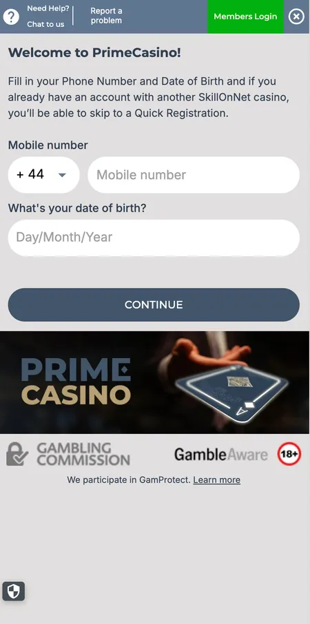 Prime Casino account creation form - step one